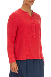 Stand Collar Poppy Red Linen Viscose Blouse 3