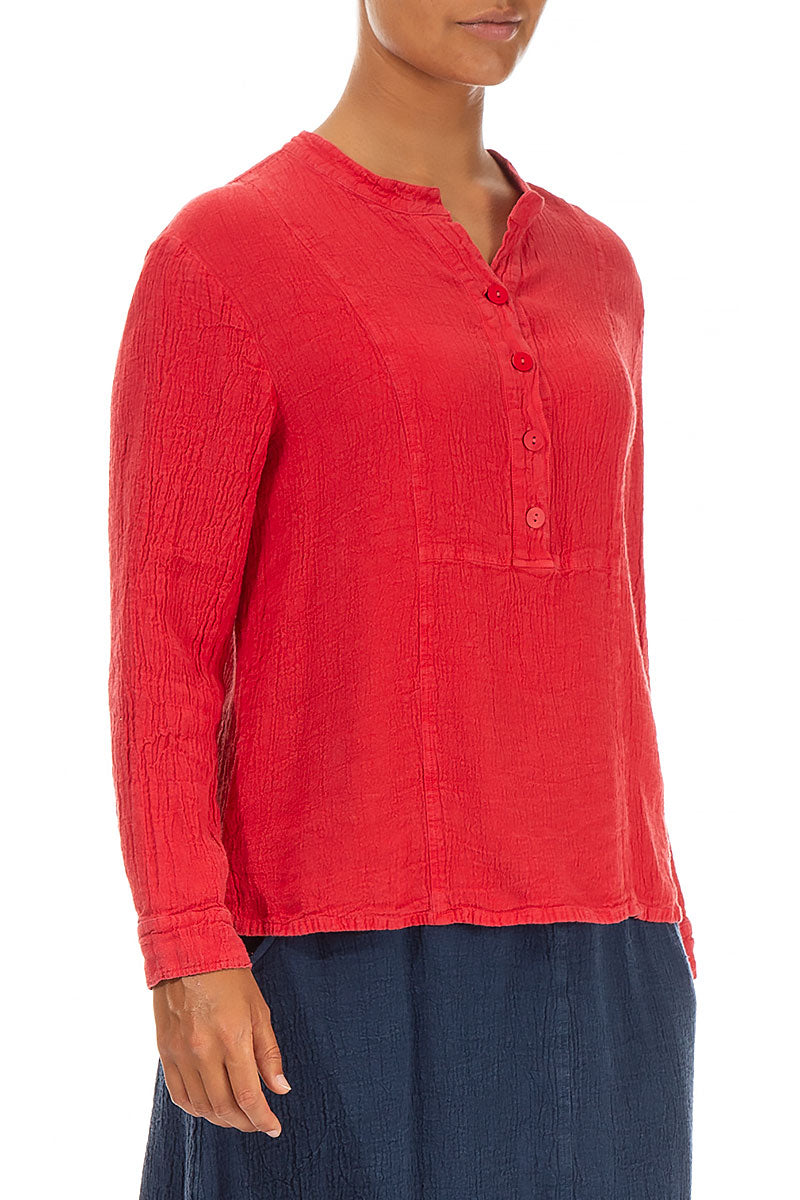 Stand Collar Poppy Red Linen Viscose Blouse 3
