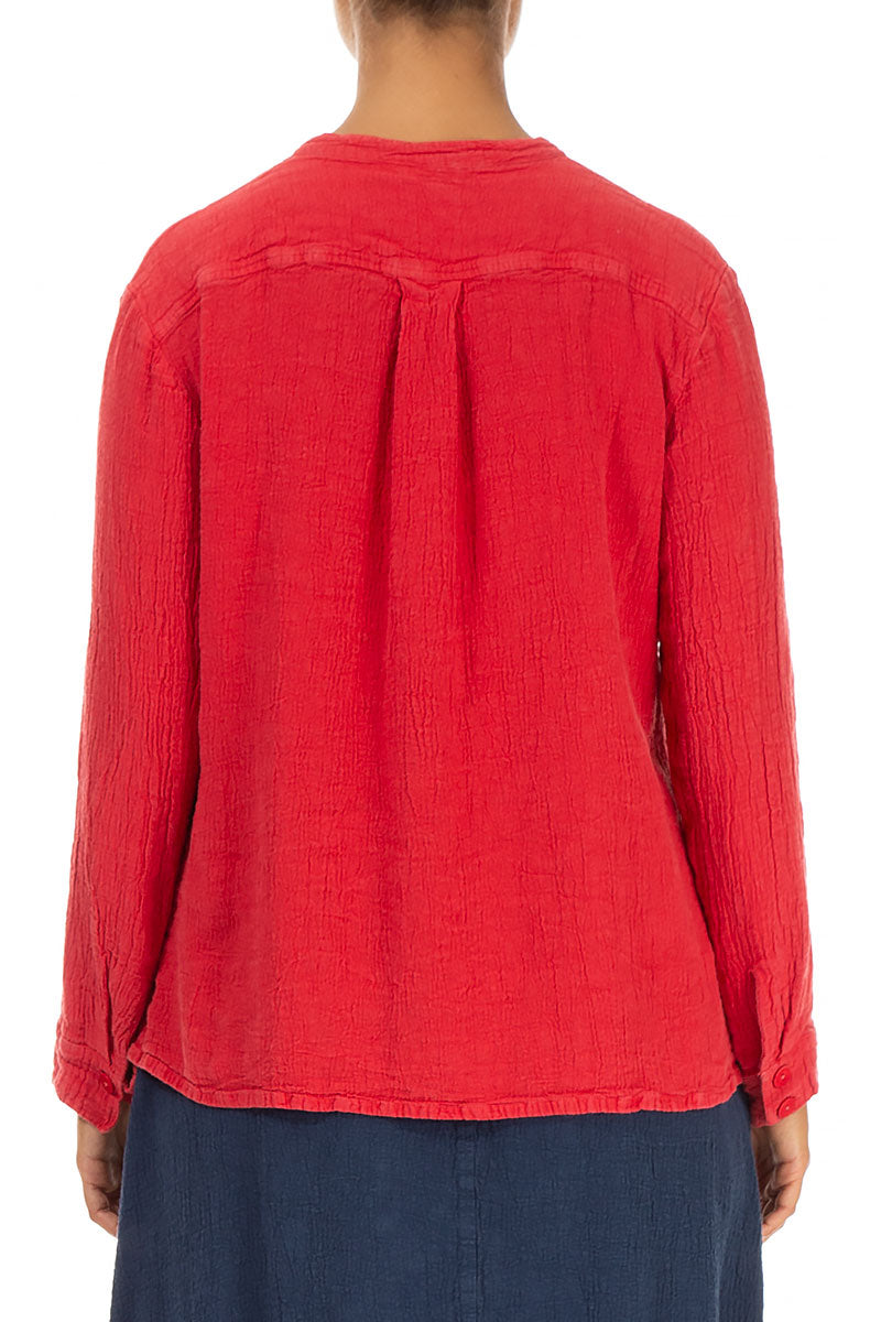 Stand Collar Poppy Red Linen Viscose Blouse 2