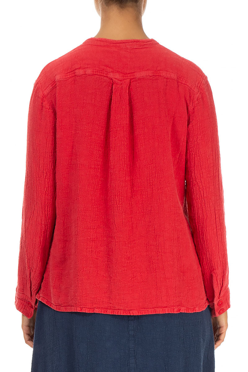 Stand Collar Poppy Red Linen Blouse