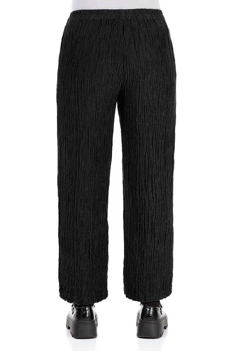 Straight Crinkled Black Silk Trousers