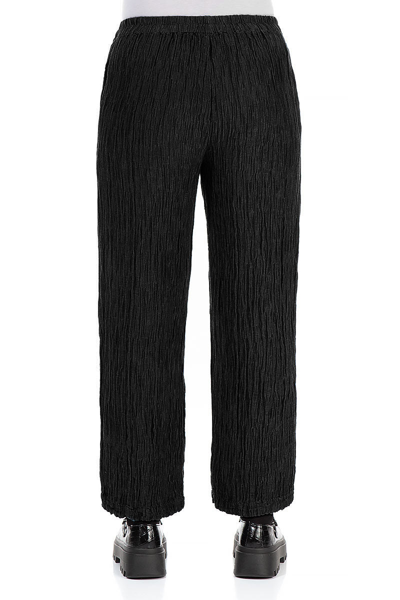 Straight Crinkled Black Silk Linen Trousers