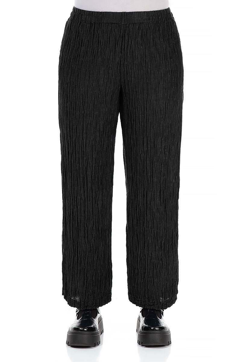 Straight Crinkled Black Silk Trousers