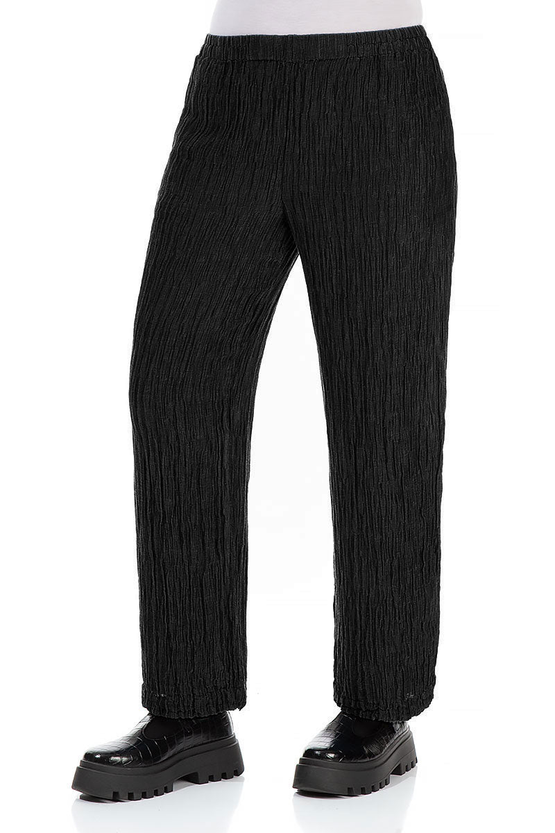 Straight Crinkled Black Silk Trousers