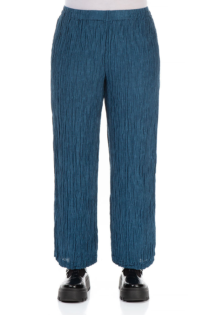 Straight Crinkled Petrol Blue Silk Trousers