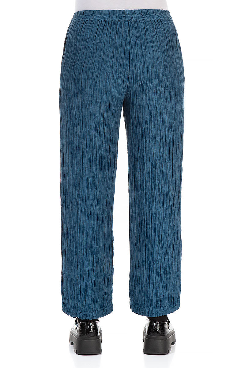 Straight Crinkled Petrol Blue Silk Trousers