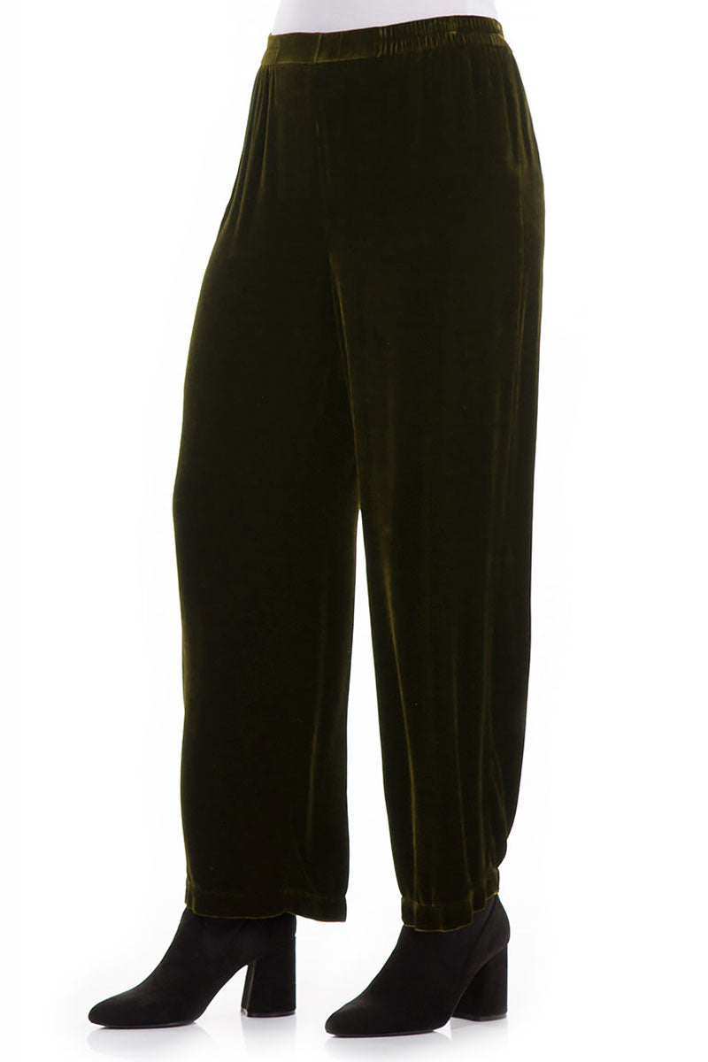 Wide Straight Khaki Silk Velvet Trousers