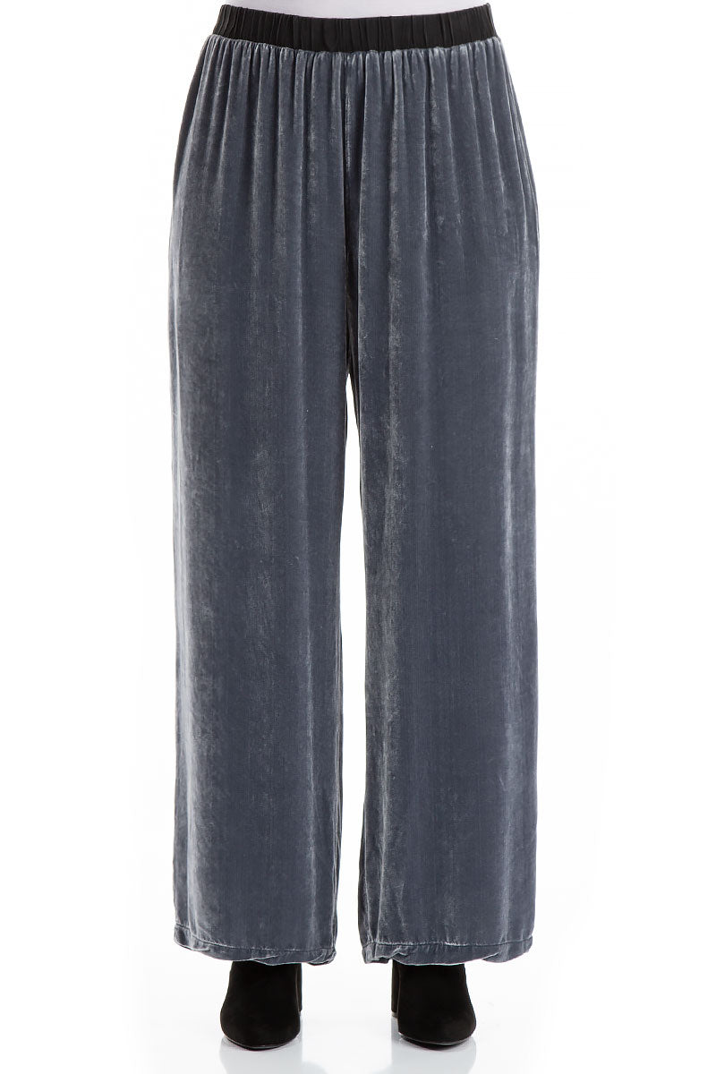 Straight Wide Silver Silk Velvet Trousers 1