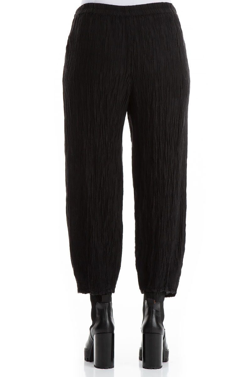 Elegant Taper Crinkled Black Silk Trousers