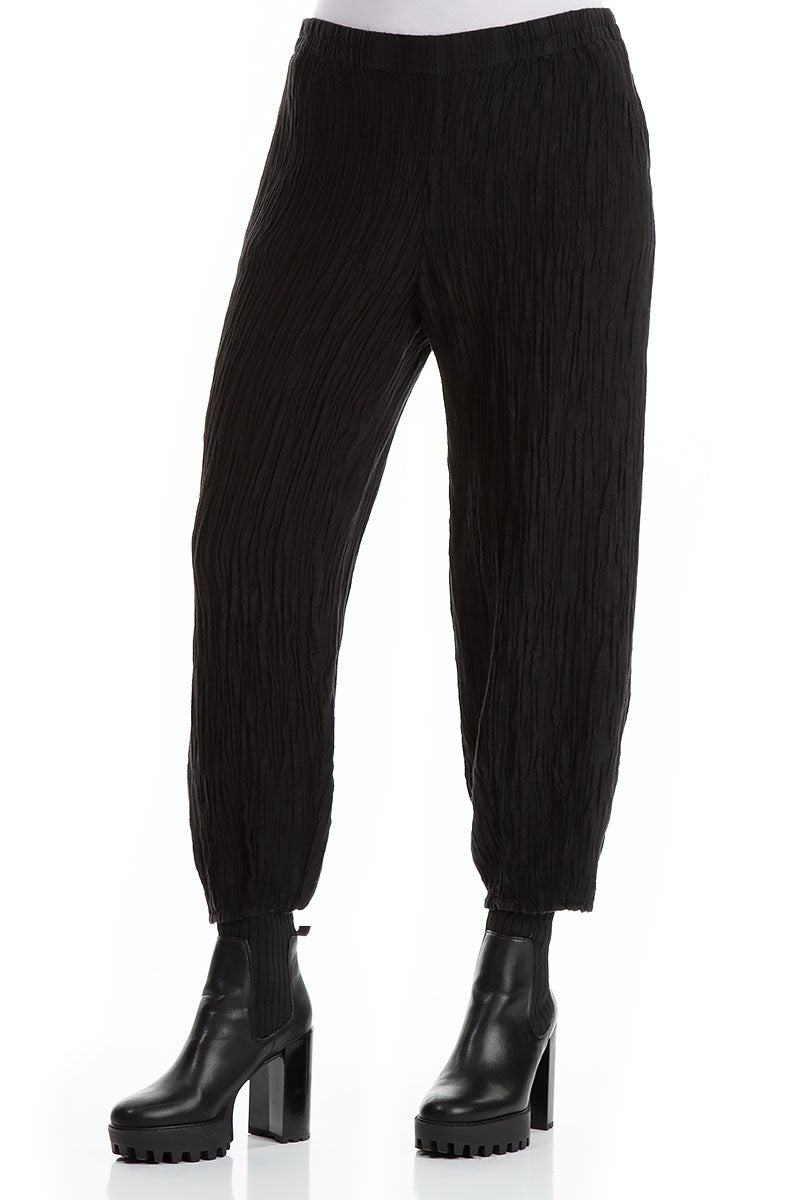 Elegant Taper Crinkled Black Silk Trousers