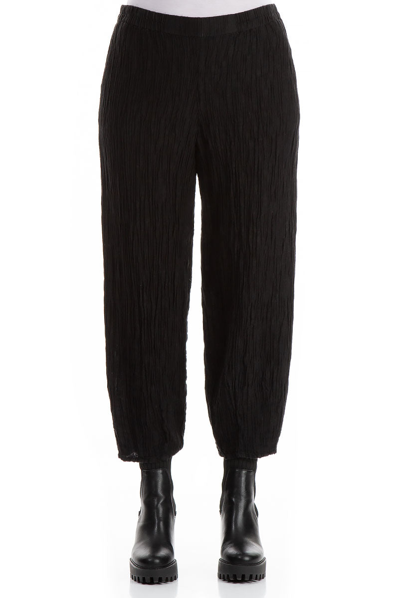 Elegant Taper Crinkled Black Silk Trousers