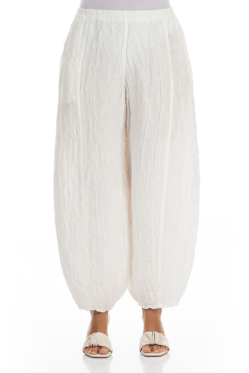 Taper White Crinkled Silk Linen Trousers