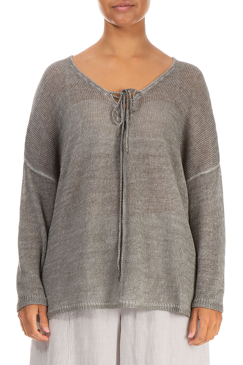 Tie Front Washed Effect Taupe Linen Jumper