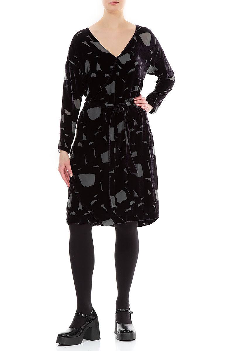 Tie Up Abstract Devoré Grey Silk Velvet Dress