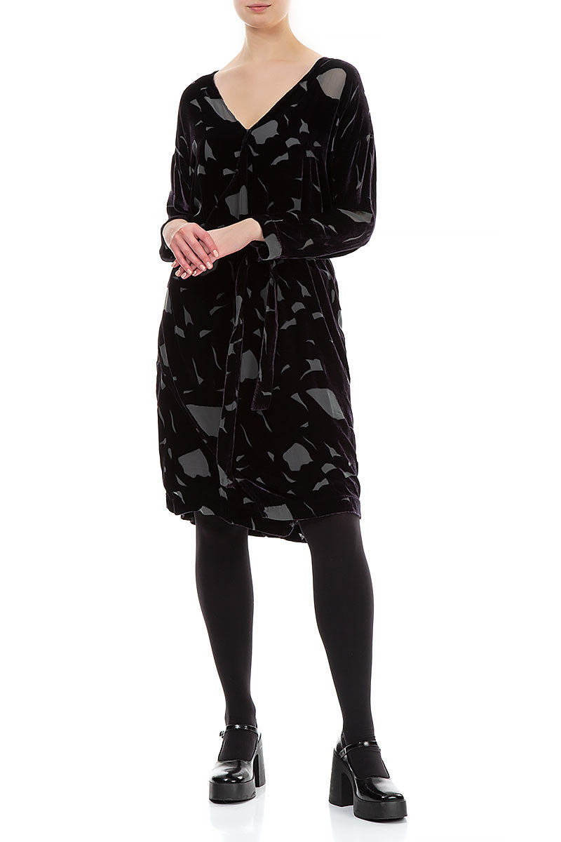 Tie Up Abstract Devoré Grey Silk Velvet Dress