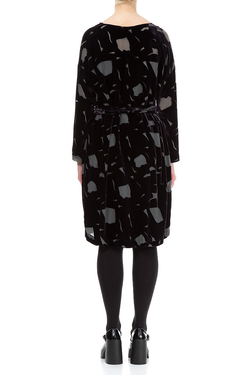 Tie Up Abstract Devoré Grey Silk Velvet Dress