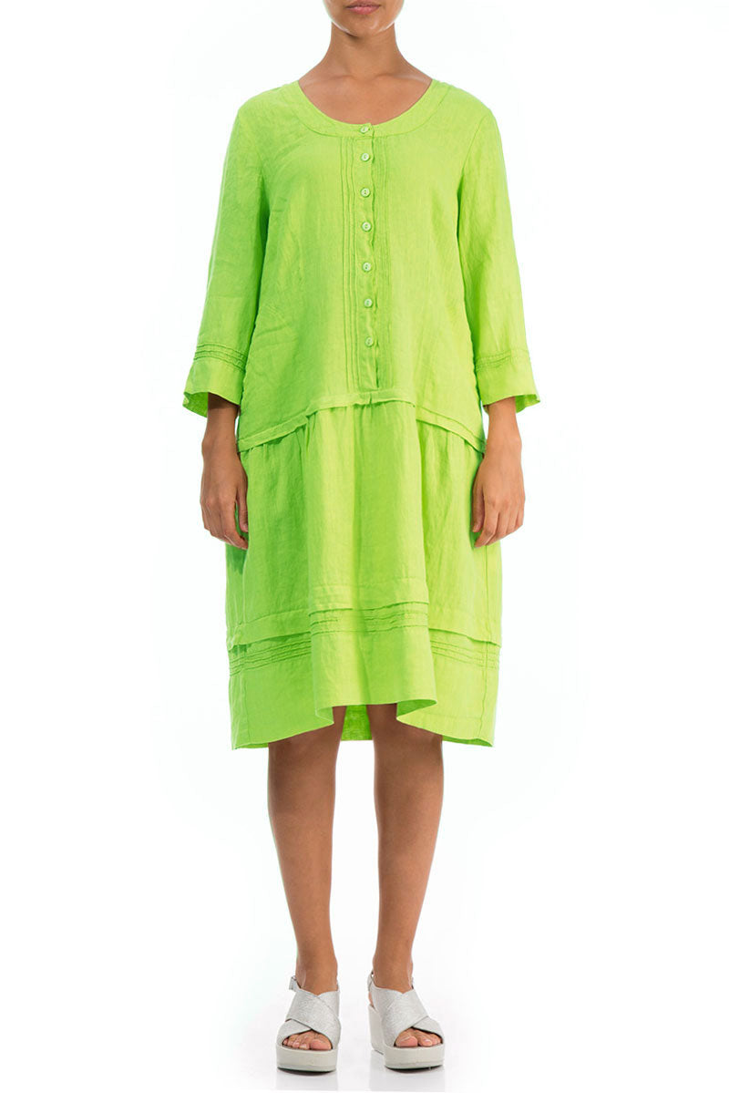 Tucks Decorated Flared Lime Green Linen Dress