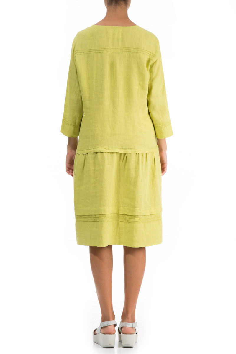 Tucks Decorated Flared Lime Linen Dress