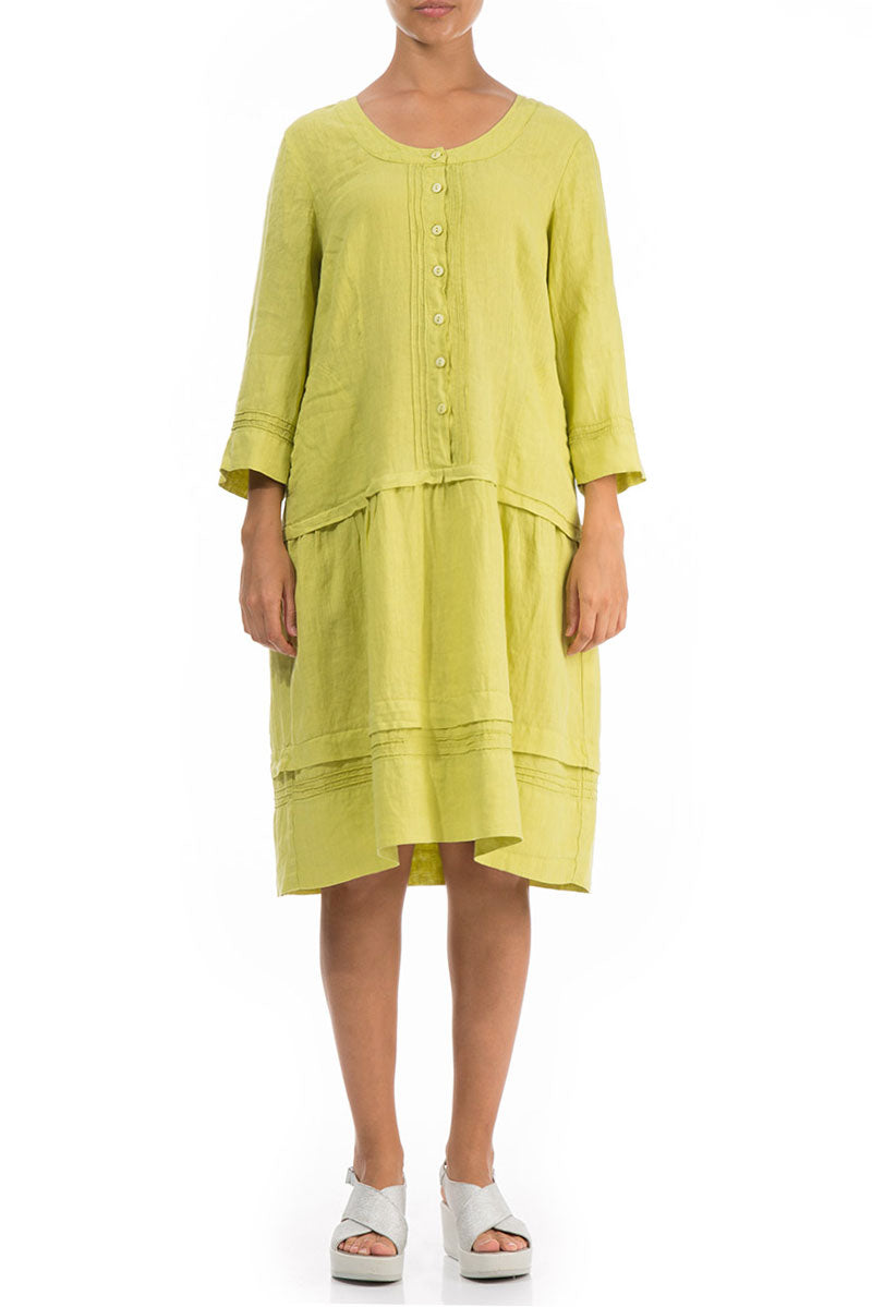 Tucks Decorated Flared Lime Linen Dress