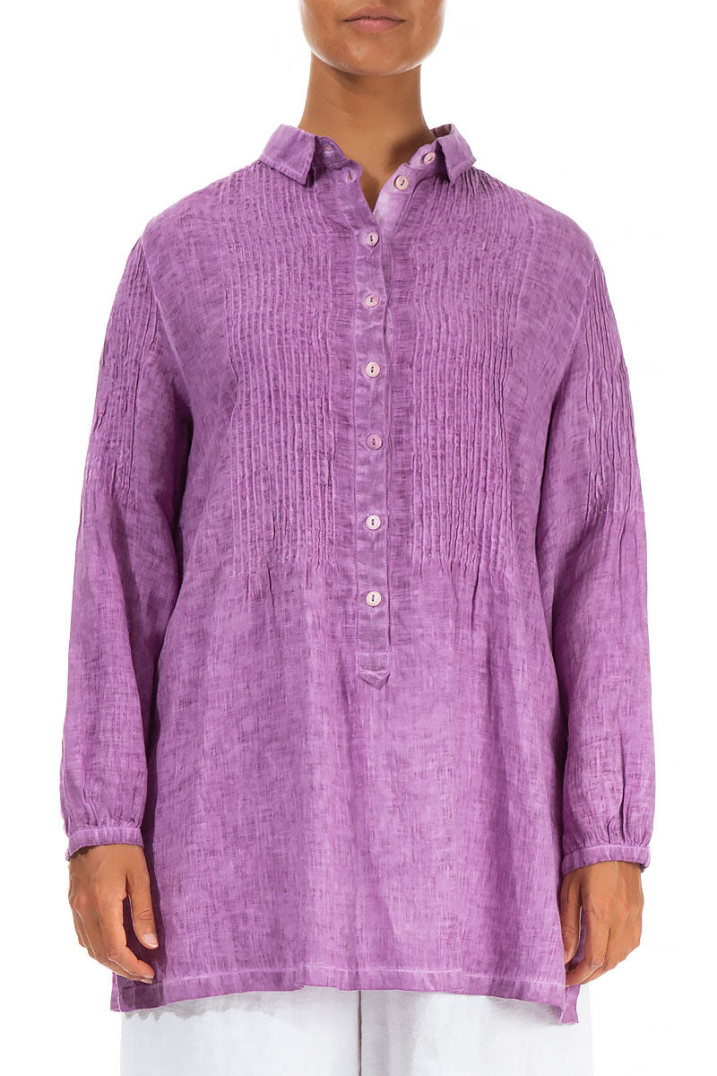 Tucks Decorated Washed Out Magenta Linen Shirt