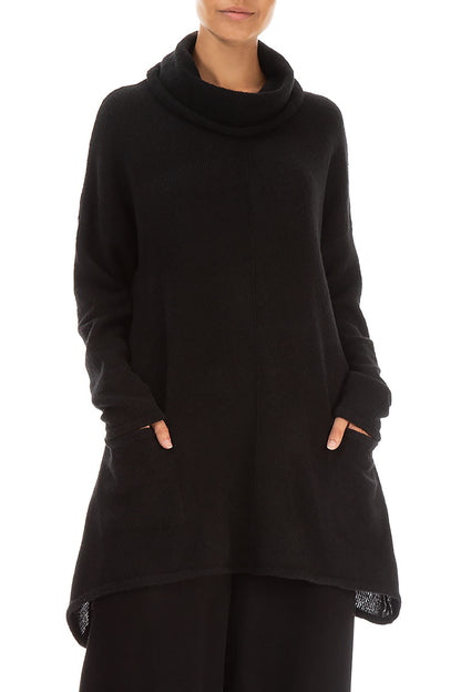 Longer Back Turtleneck Black Wool Sweater