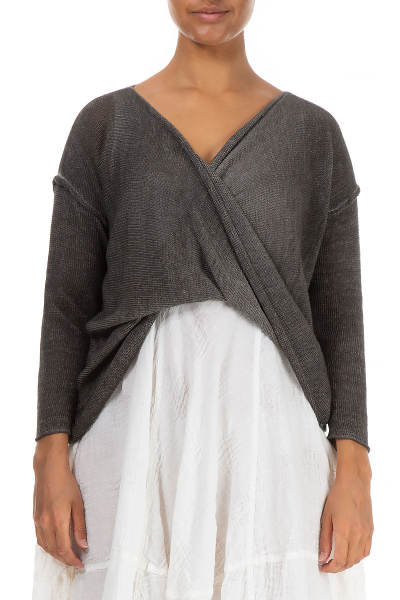 Twisted Front Washed Effect Taupe Linen Jumper