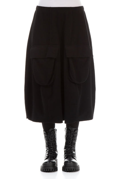 Two Pockets Black Cotton Midi Skirt