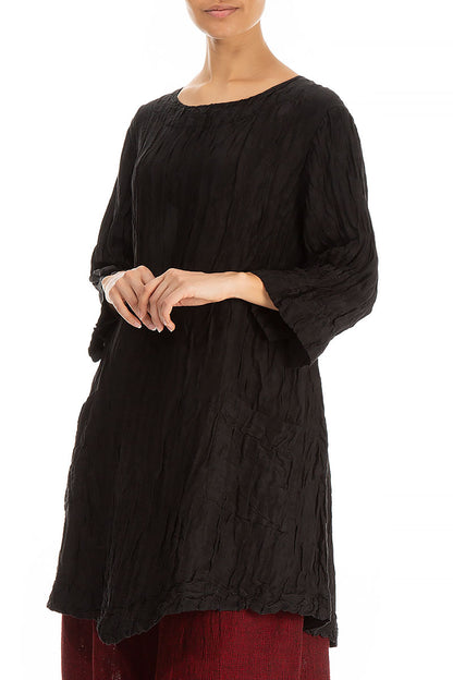 Two Pockets Crinkled Black Silk Linen Tunic