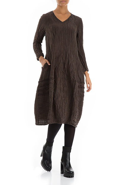 V-Neck Crinkled Ash Silk Linen Dress 3