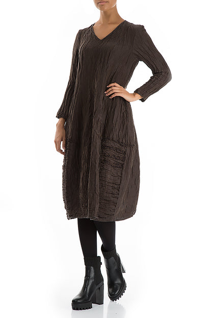 V-Neck Crinkled Ash Silk Linen Dress 5
