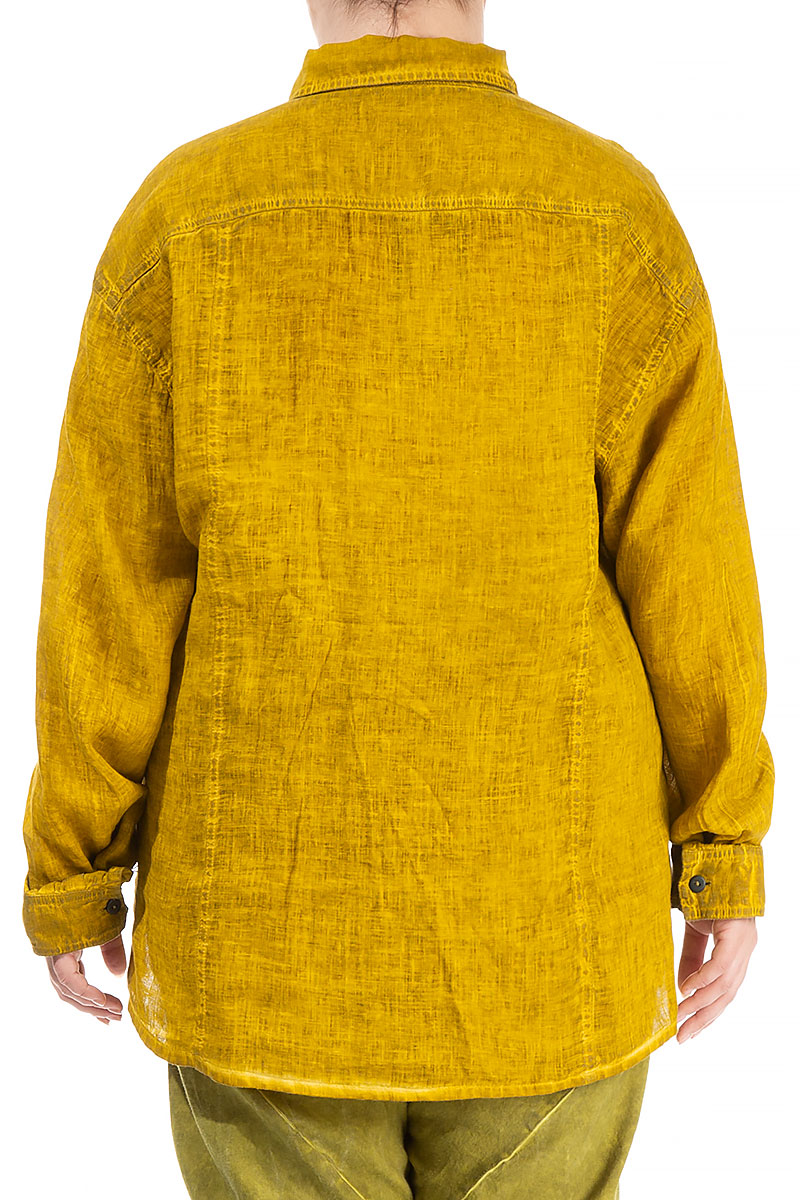 Washed Effect Yellow Ochre Linen Shirt