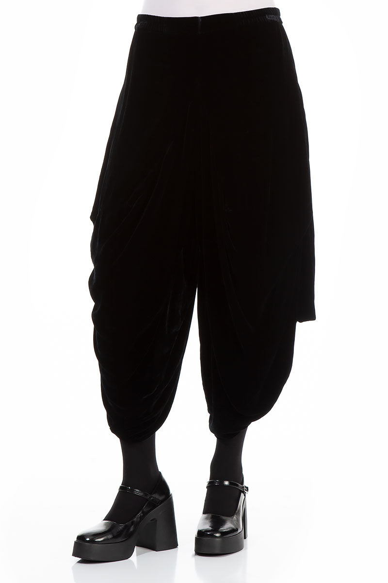 Wide Baggy Black Silk Velvet Trousers