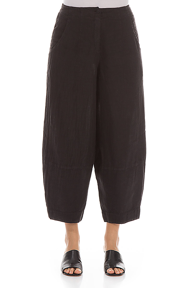 Wide Cropped Black Linen Trousers