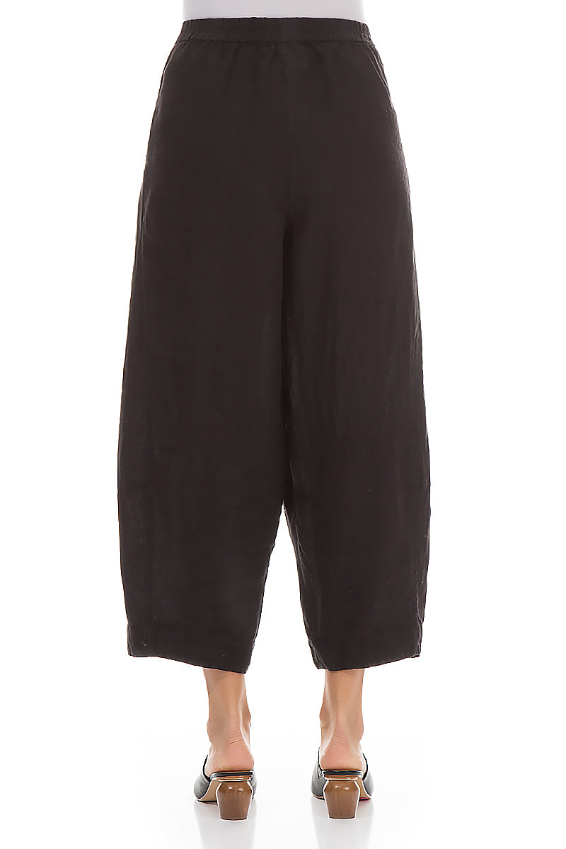 Wide Cropped Black Linen Trousers