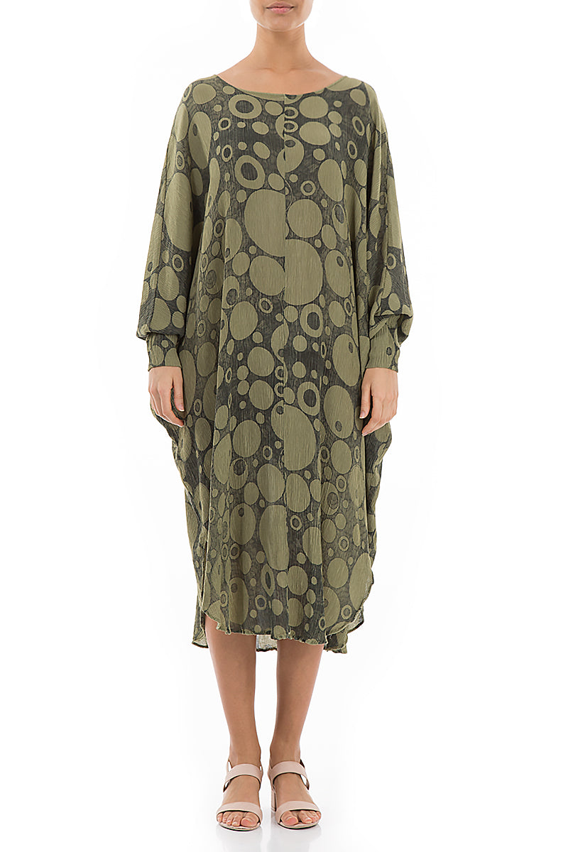 Wide Circles Print Khaki Dress - GRIZAS | Natural Contemporary Womenswear