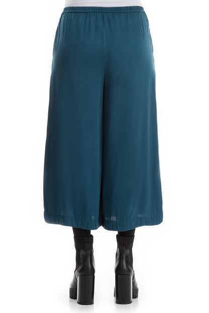 Wide Cropped Peacock Blue Silk Trousers 2