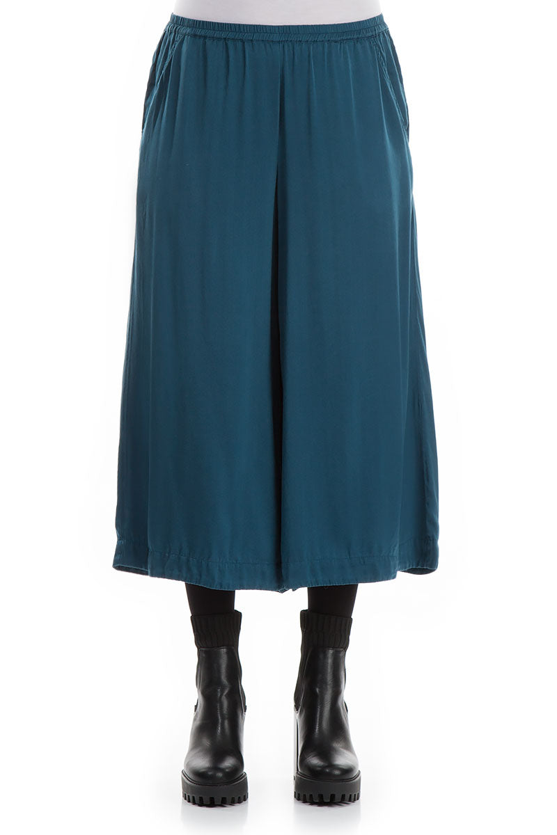 Wide Cropped Peacock Blue Silk Trousers