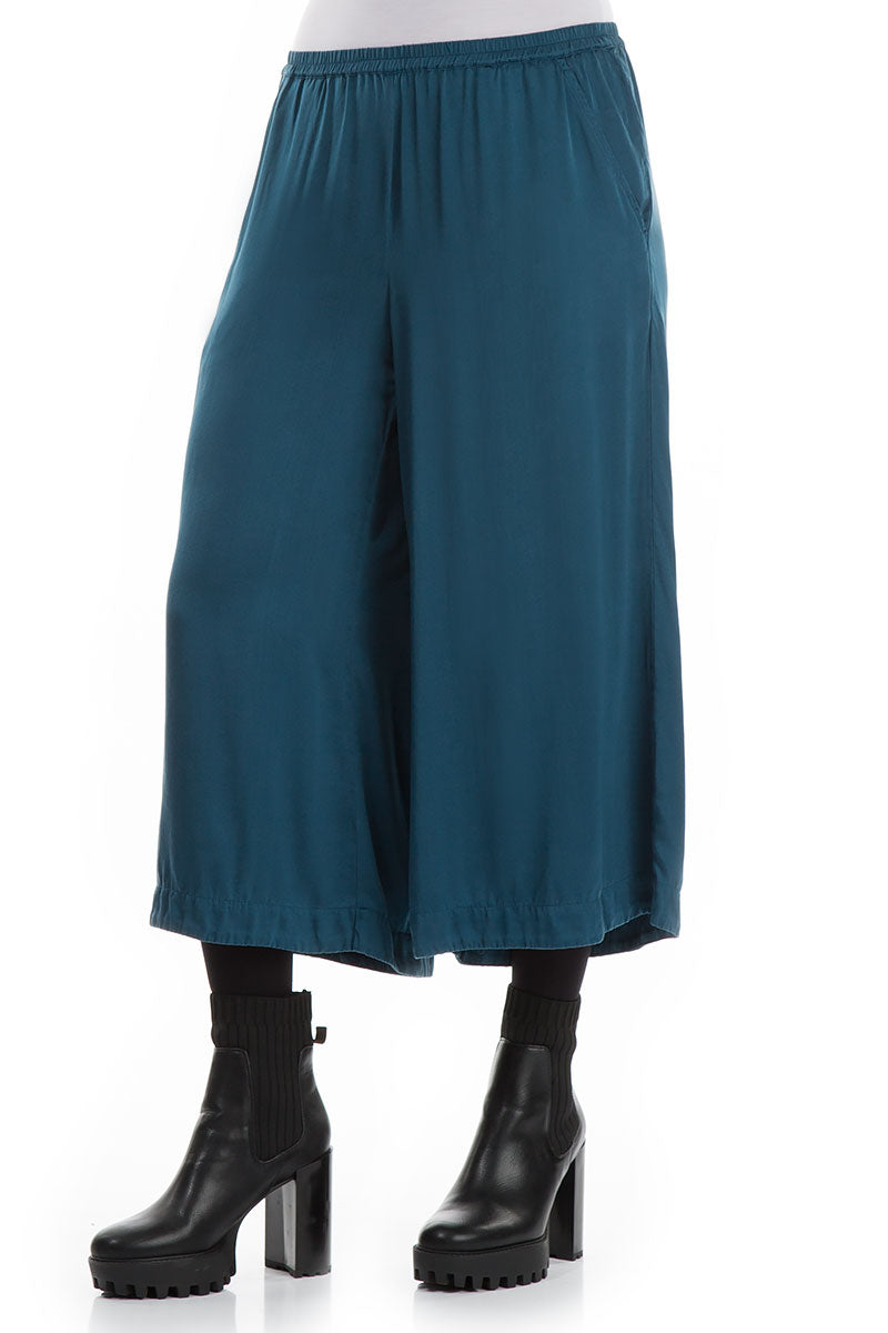Wide Cropped Peacock Blue Silk Trousers 3
