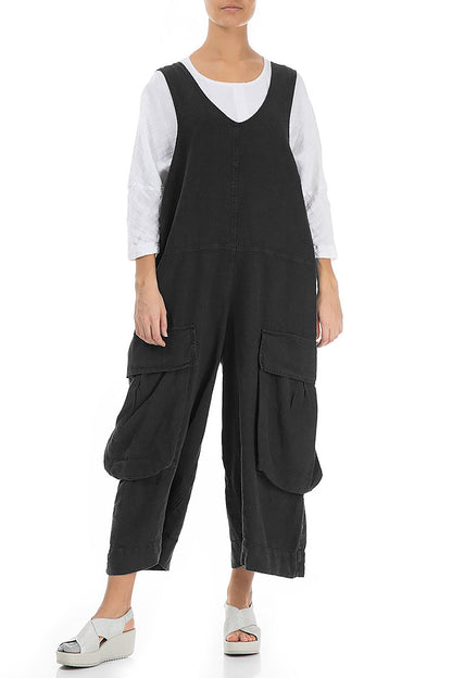 Wide Loose Black Linen Jumpsuit