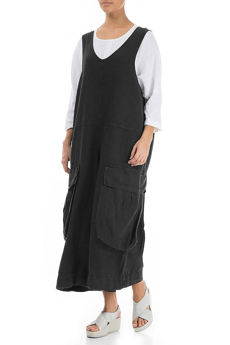 Wide Loose Black Linen Jumpsuit