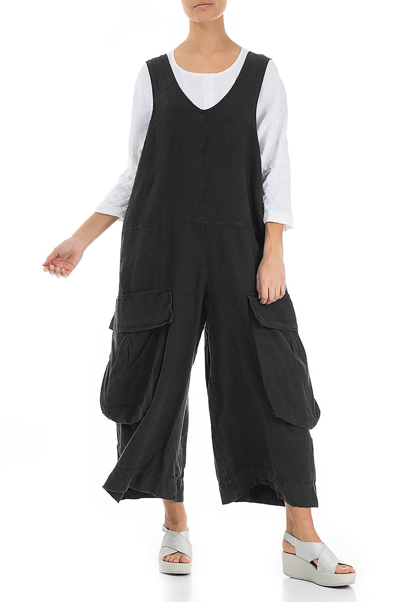 Wide Loose Black Linen Jumpsuit