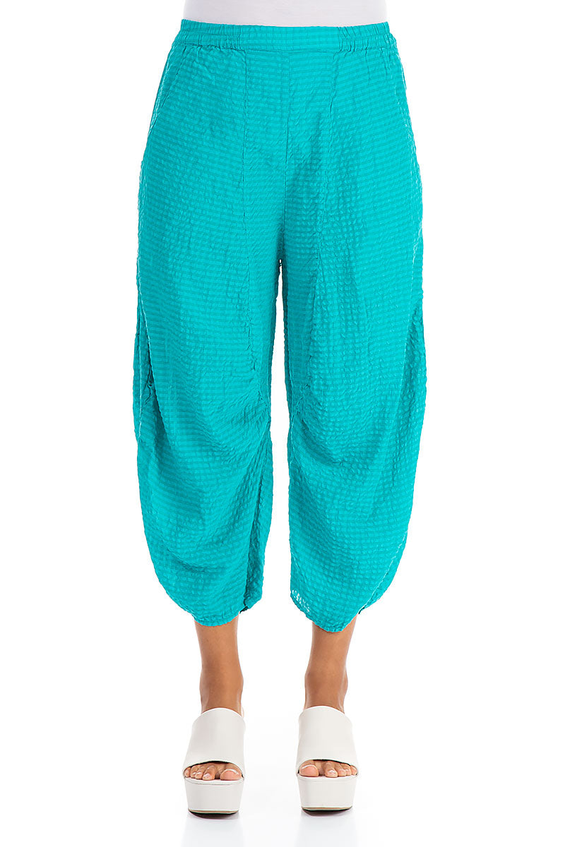 Wide Turquoise Textured Silk Trousers