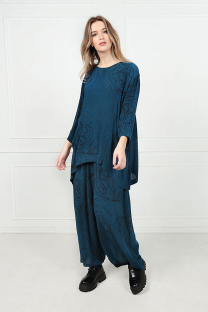 Straight Petrol Blue Abstract Draw Silk Viscose Trousers