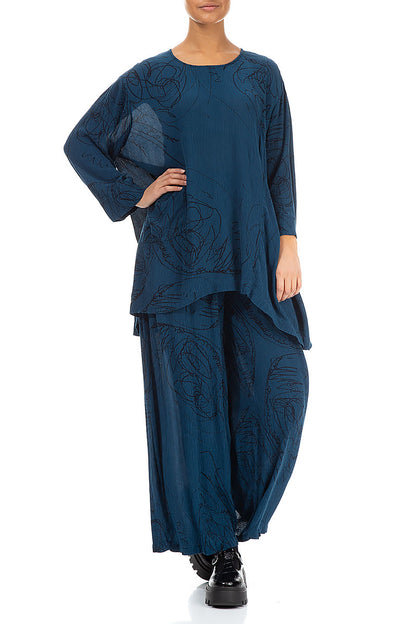 Straight Petrol Blue Abstract Draw Silk Viscose Trousers