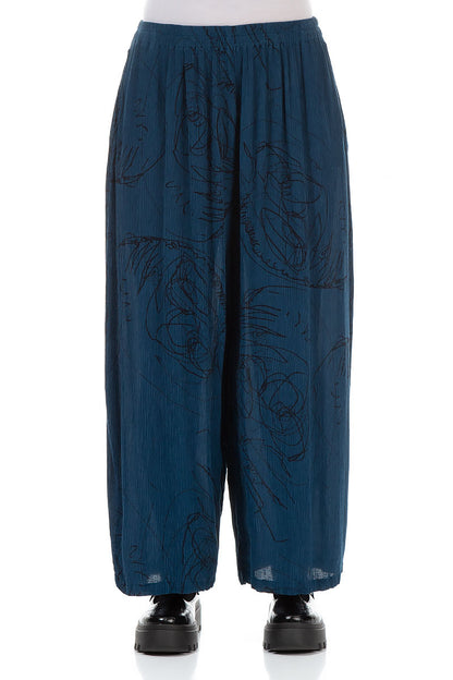 Straight Petrol Blue Abstract Draw Silk Viscose Trousers