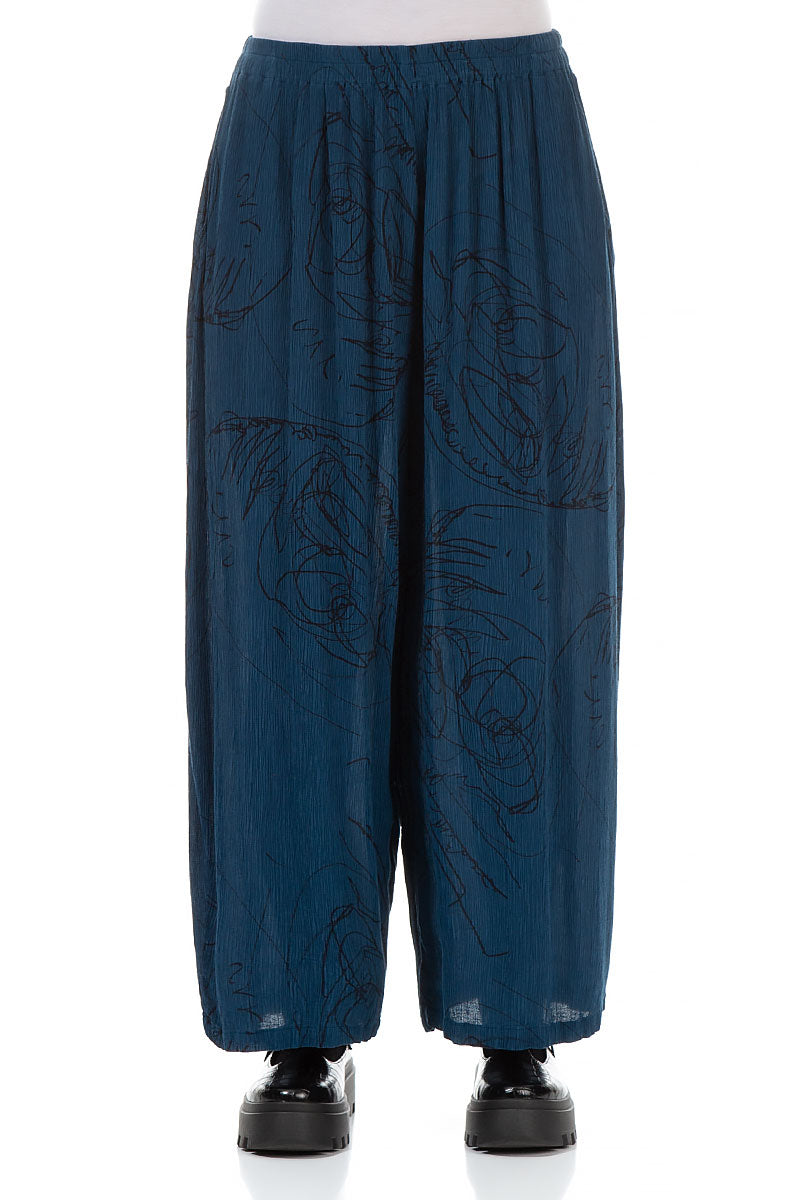 Straight Petrol Blue Abstract Draw Silk Viscose Trousers
