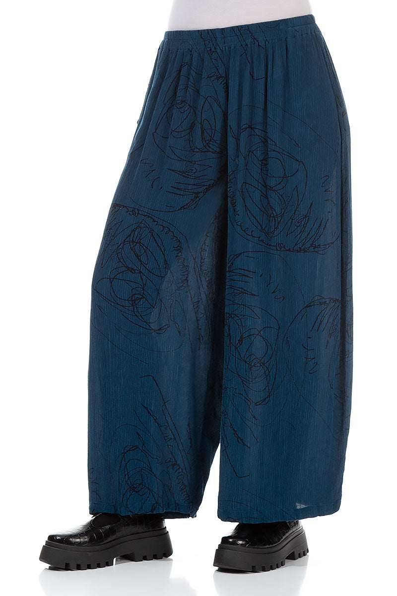 Straight Petrol Blue Abstract Draw Silk Viscose Trousers