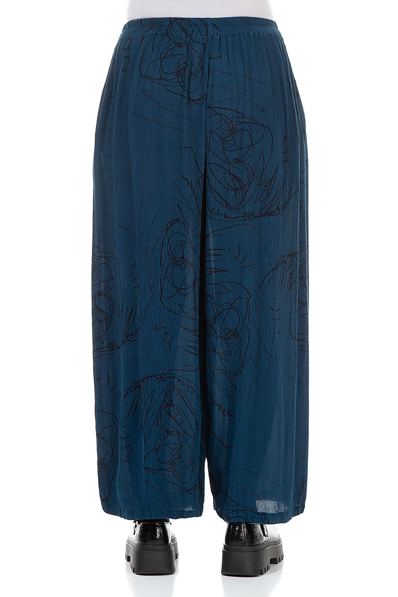 Straight Petrol Blue Abstract Draw Silk Viscose Trousers