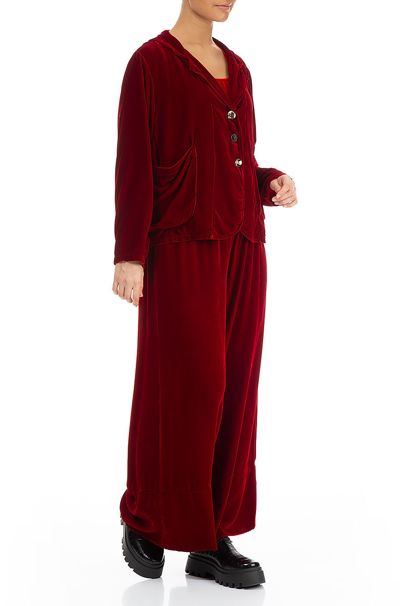 Wide Red Silk Velvet Trousers