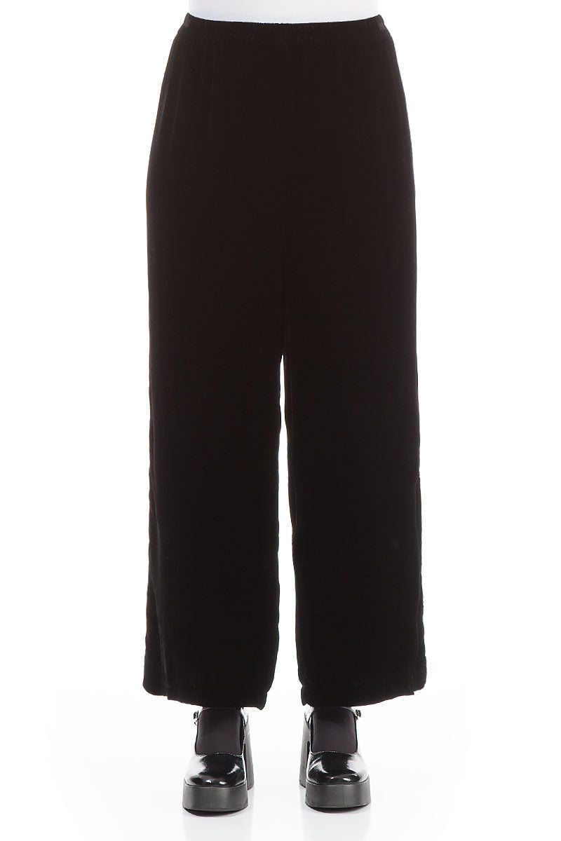 Wide Straight Black Silk Velvet Trousers